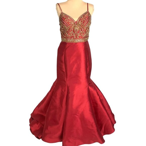 Elegant Beaded Red Satin Mermaid Larissa Gown Spaghetti Straps Flared Hem Size 6 - Picture 2 of 15
